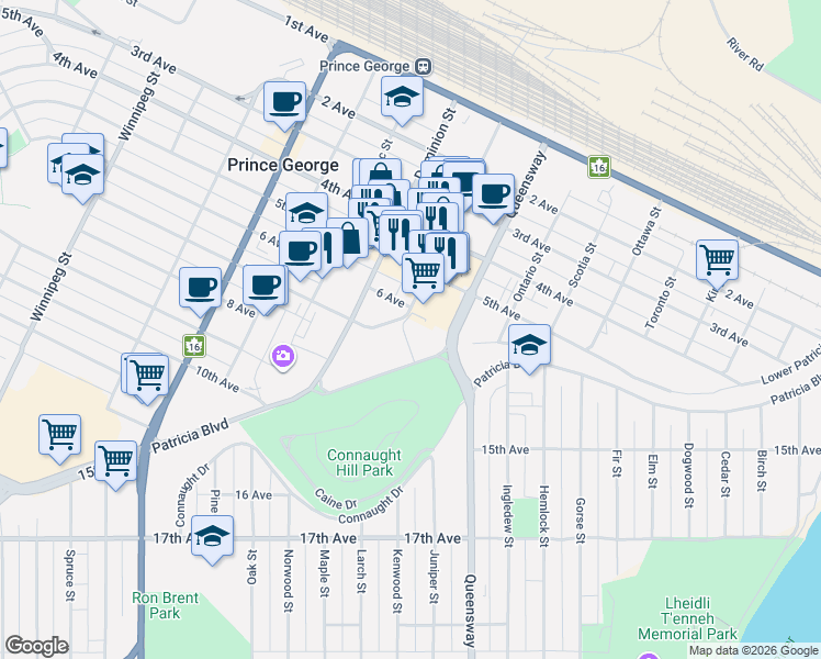 map of restaurants, bars, coffee shops, grocery stores, and more near 1087 6 Avenue in Prince George