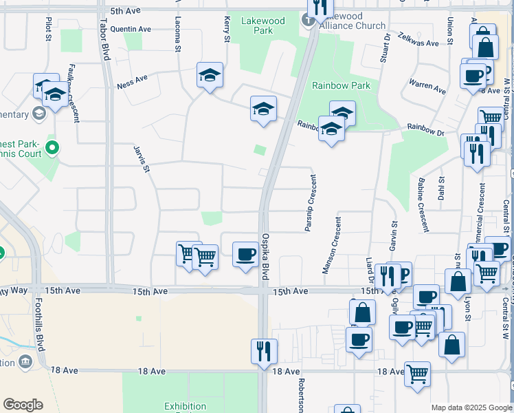 map of restaurants, bars, coffee shops, grocery stores, and more near 1286 Bednesti Crescent in Prince George