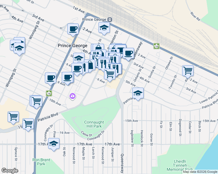 map of restaurants, bars, coffee shops, grocery stores, and more near 1087 6 Avenue in Prince George