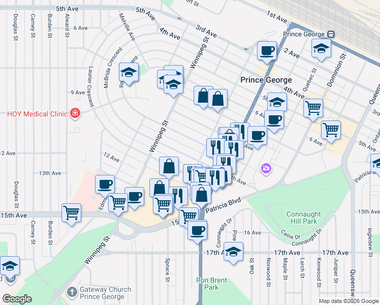 map of restaurants, bars, coffee shops, grocery stores, and more near 1654 10th Avenue in Prince George