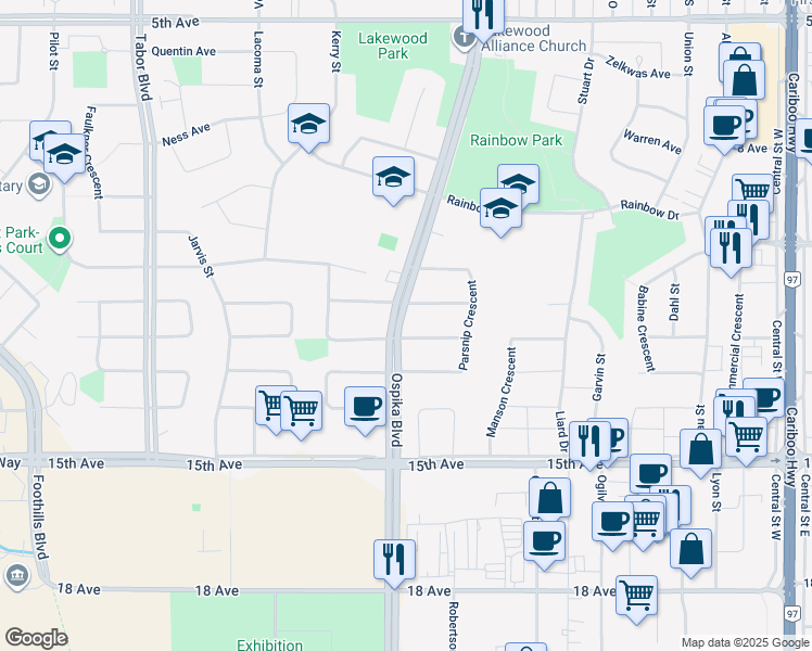 map of restaurants, bars, coffee shops, grocery stores, and more near 1200 Powell Avenue in Prince George