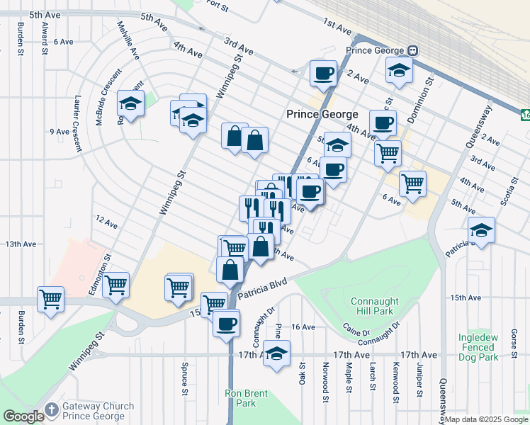 map of restaurants, bars, coffee shops, grocery stores, and more near in Prince George