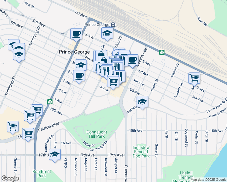 map of restaurants, bars, coffee shops, grocery stores, and more near 494 George Street in Prince George