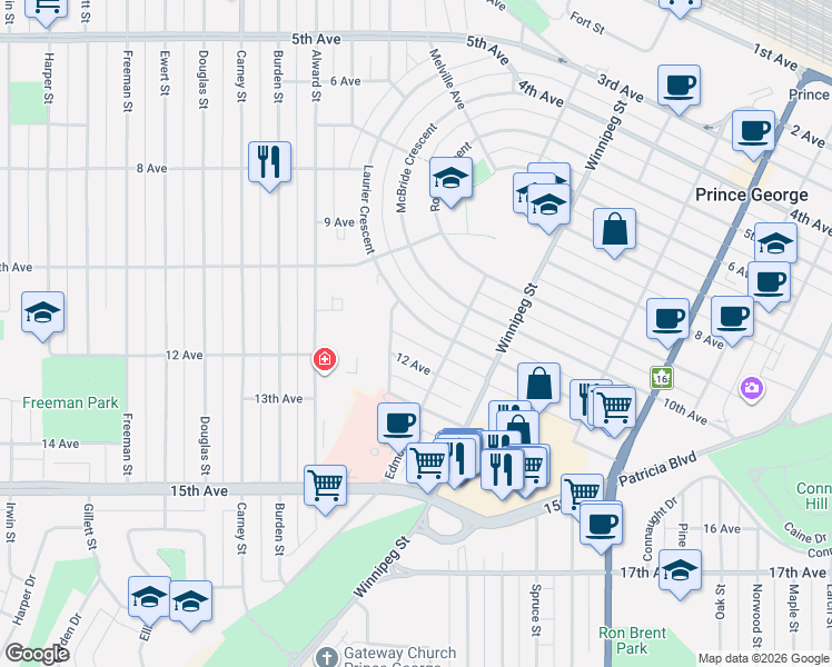 map of restaurants, bars, coffee shops, grocery stores, and more near 2550 Laurier Crescent in Prince George