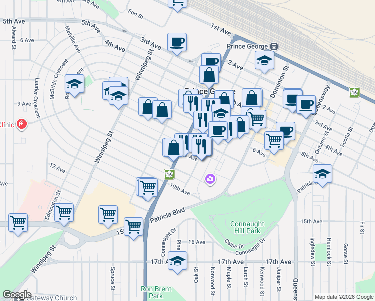 map of restaurants, bars, coffee shops, grocery stores, and more near 760 Victoria Street in Prince George