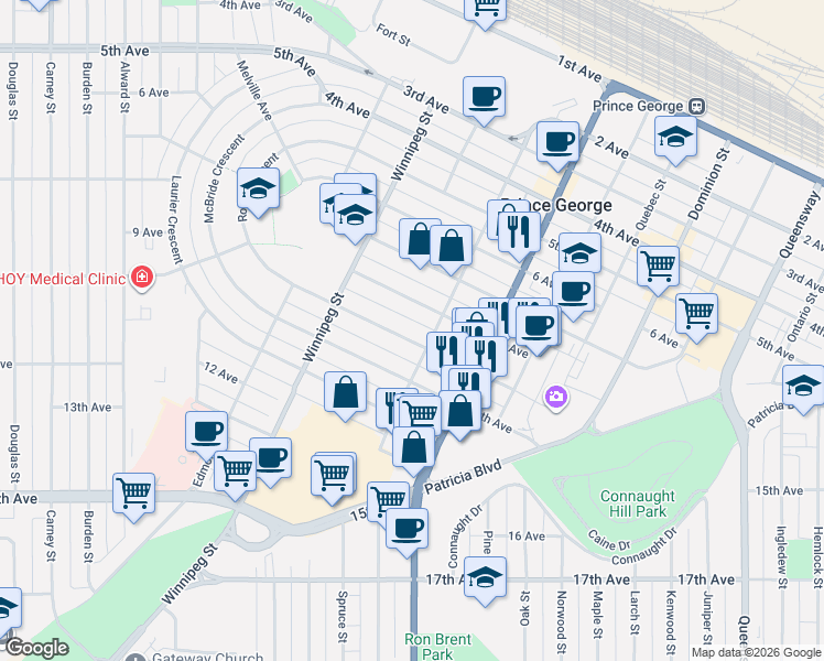 map of restaurants, bars, coffee shops, grocery stores, and more near 1648 9 Avenue in Prince George