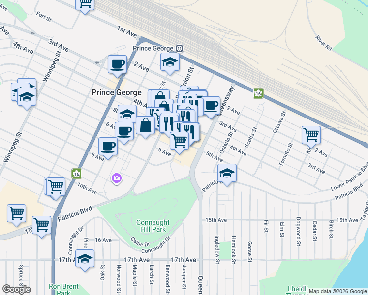 map of restaurants, bars, coffee shops, grocery stores, and more near 508 George Street in Prince George