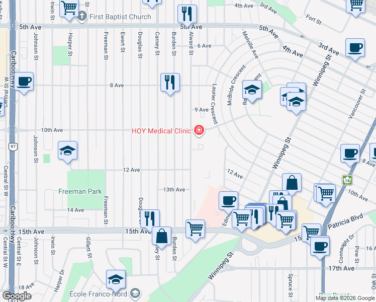 map of restaurants, bars, coffee shops, grocery stores, and more near 1099 Alward Street in Prince George