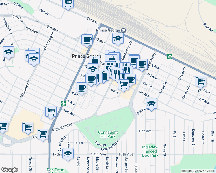 map of restaurants, bars, coffee shops, grocery stores, and more near 1208 6 Avenue in Prince George