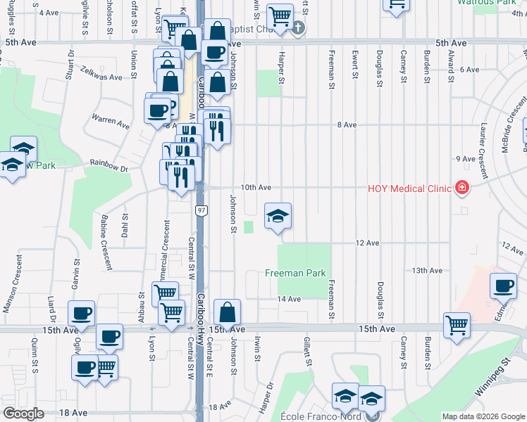 map of restaurants, bars, coffee shops, grocery stores, and more near 1094 Irwin Street in Prince George