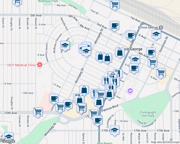 map of restaurants, bars, coffee shops, grocery stores, and more near 1740 9 Avenue in Prince George