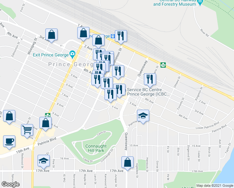 map of restaurants, bars, coffee shops, grocery stores, and more near 494 George Street in Prince George