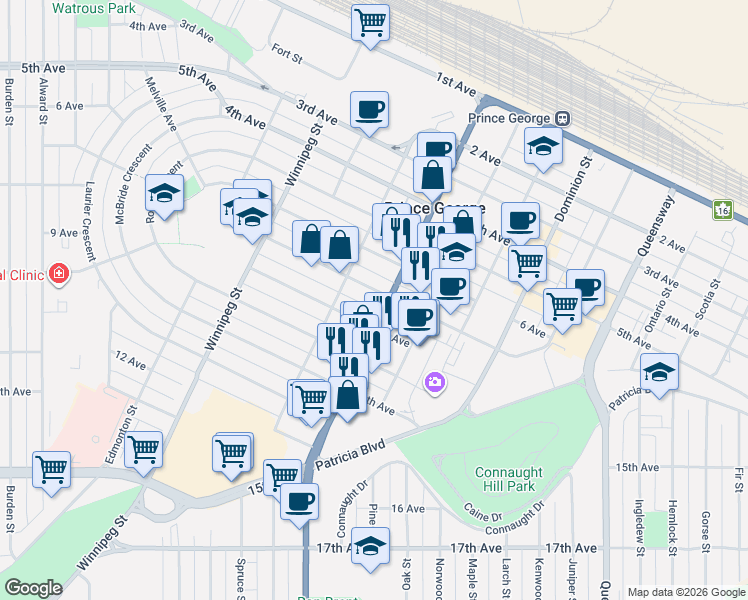 map of restaurants, bars, coffee shops, grocery stores, and more near 715 Victoria Street in Prince George