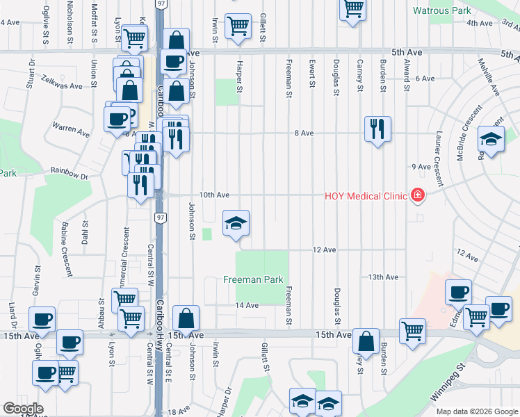 map of restaurants, bars, coffee shops, grocery stores, and more near 1043 Gillett Street in Prince George