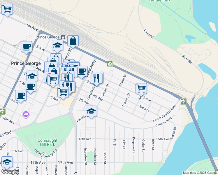 map of restaurants, bars, coffee shops, grocery stores, and more near 774 3rd Avenue in Prince George