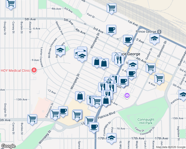 map of restaurants, bars, coffee shops, grocery stores, and more near 1689 8 Avenue in Prince George
