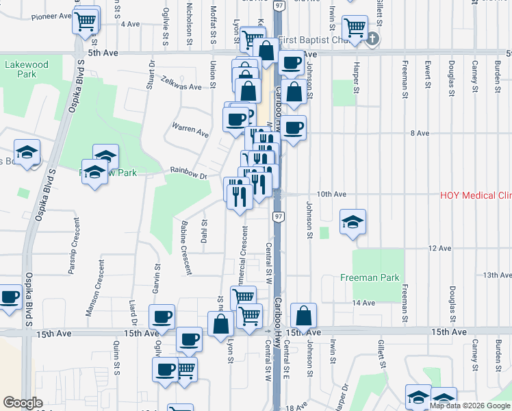 map of restaurants, bars, coffee shops, grocery stores, and more near 1023 Central Street West in Prince George