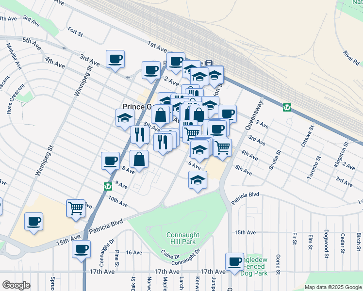 map of restaurants, bars, coffee shops, grocery stores, and more near 1208 6 Avenue in Prince George