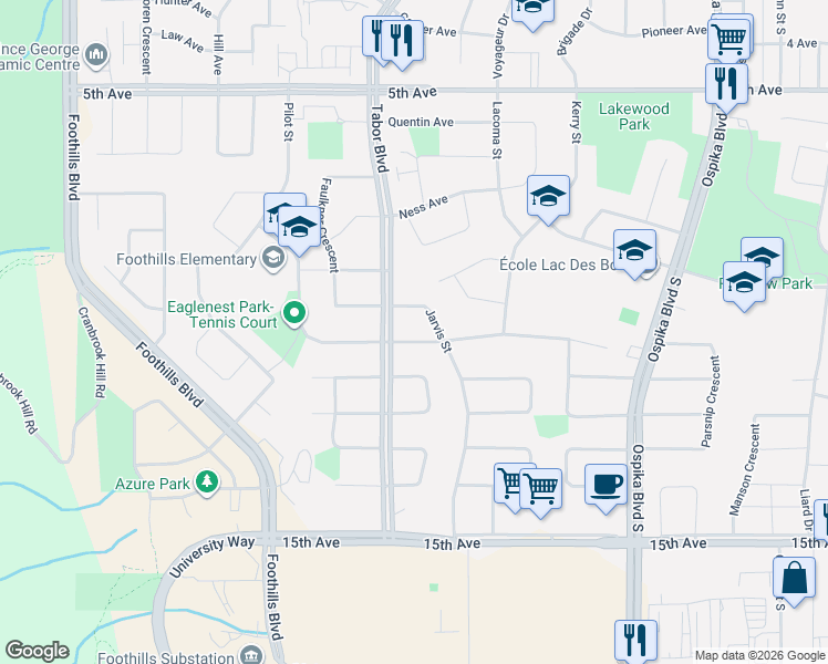 map of restaurants, bars, coffee shops, grocery stores, and more near 4280 Davie Avenue in Prince George