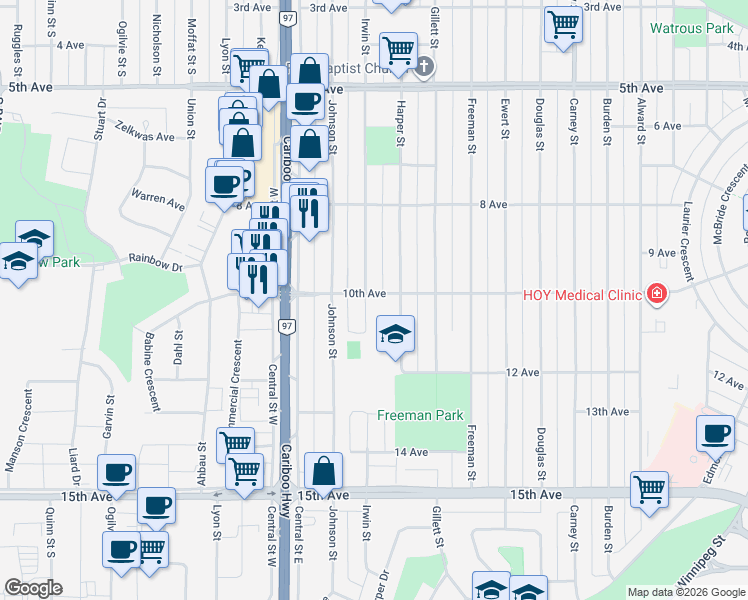 map of restaurants, bars, coffee shops, grocery stores, and more near 1016 Irwin Street in Prince George