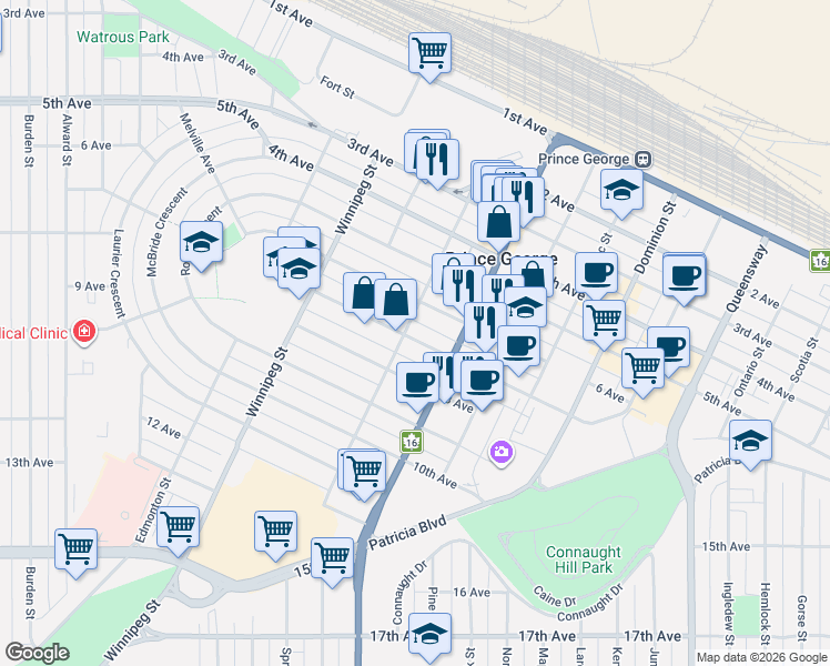 map of restaurants, bars, coffee shops, grocery stores, and more near 1594 7 Avenue in Prince George