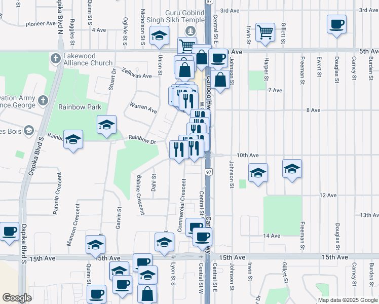 map of restaurants, bars, coffee shops, grocery stores, and more near 901 Central Street West in Prince George