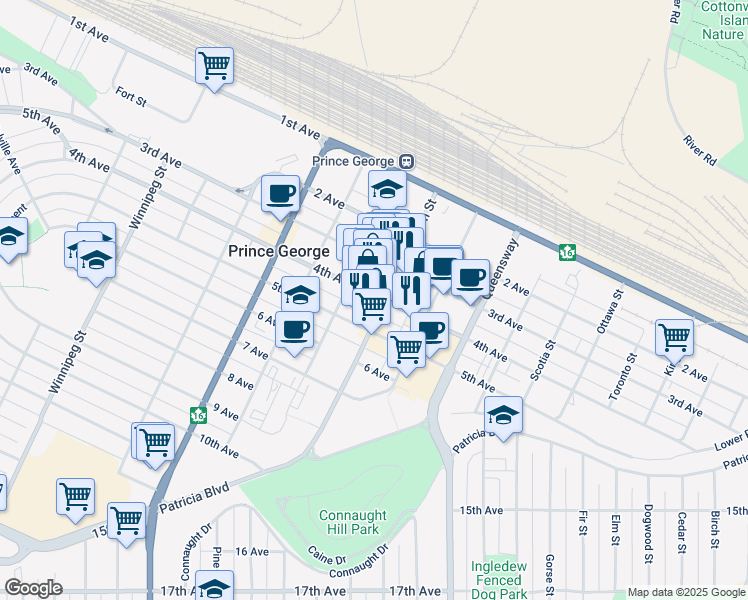 map of restaurants, bars, coffee shops, grocery stores, and more near 1229 4th Avenue in Prince George