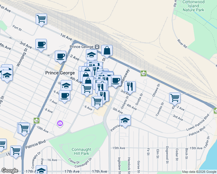 map of restaurants, bars, coffee shops, grocery stores, and more near 1085 3rd Avenue in Prince George