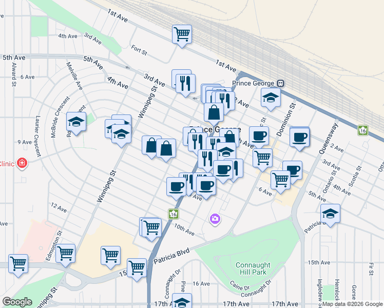 map of restaurants, bars, coffee shops, grocery stores, and more near 1540 6 Avenue in Prince George
