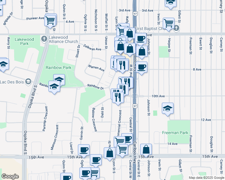 map of restaurants, bars, coffee shops, grocery stores, and more near 980 Ahbau Street in Prince George