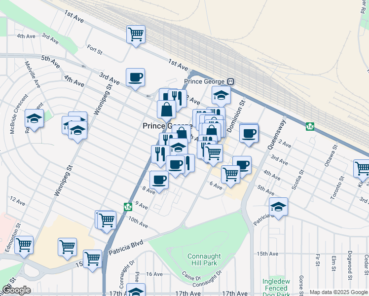 map of restaurants, bars, coffee shops, grocery stores, and more near in Prince George