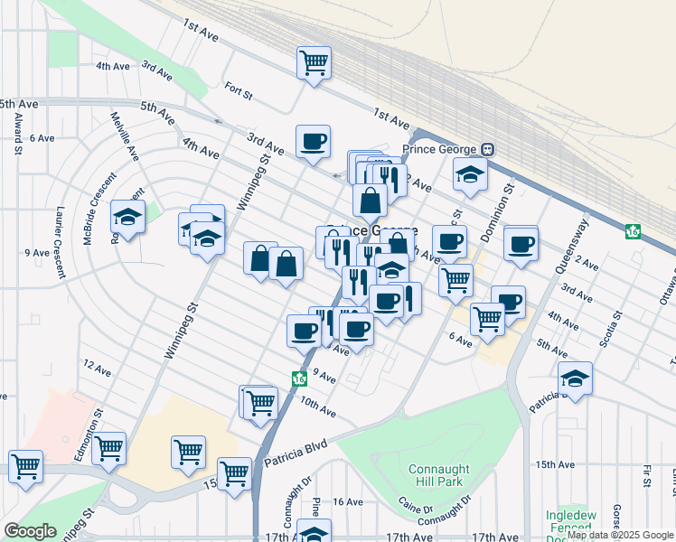 map of restaurants, bars, coffee shops, grocery stores, and more near 1505 5 Avenue in Prince George