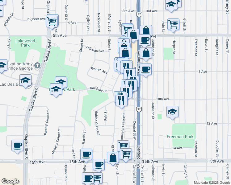 map of restaurants, bars, coffee shops, grocery stores, and more near 980 Ahbau Street in Prince George