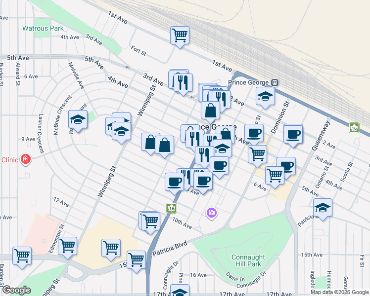 map of restaurants, bars, coffee shops, grocery stores, and more near 1558 6 Avenue in Prince George