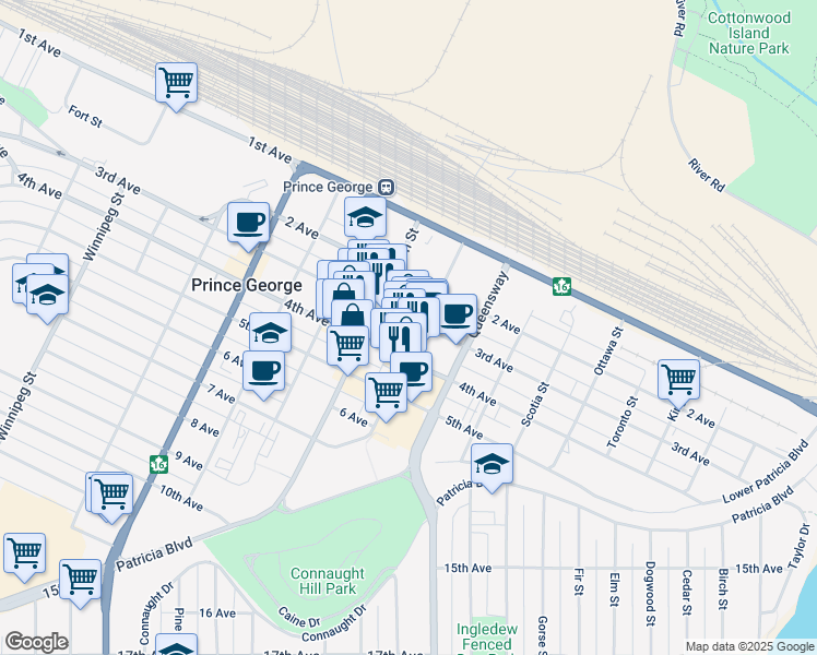 map of restaurants, bars, coffee shops, grocery stores, and more near 1119 3rd Avenue in Prince George