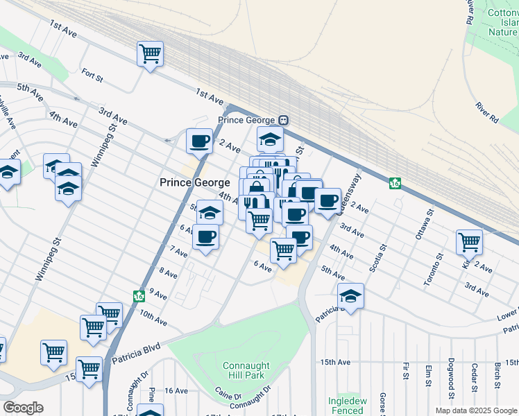map of restaurants, bars, coffee shops, grocery stores, and more near 1229 4th Avenue in Prince George