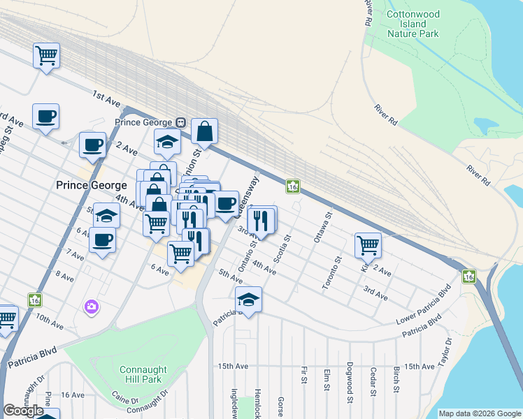 map of restaurants, bars, coffee shops, grocery stores, and more near 950 2 Avenue in Prince George