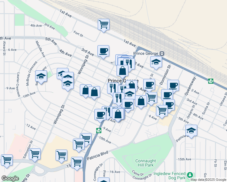 map of restaurants, bars, coffee shops, grocery stores, and more near 1505 5 Avenue in Prince George