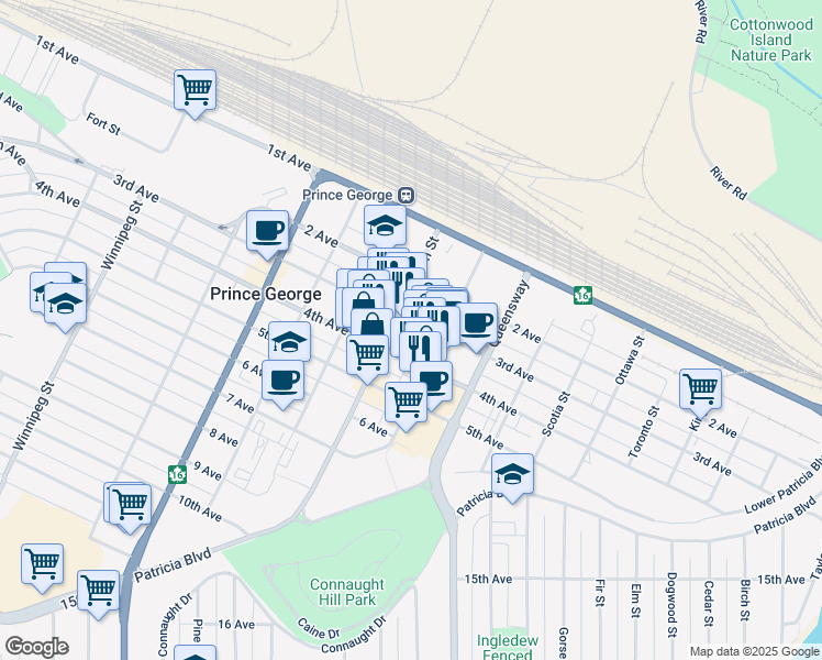 map of restaurants, bars, coffee shops, grocery stores, and more near 1163 3rd Avenue in Prince George