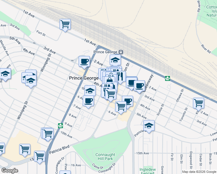 map of restaurants, bars, coffee shops, grocery stores, and more near 1289 4th Avenue in Prince George
