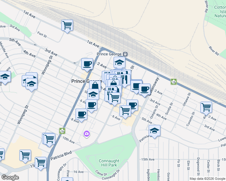 map of restaurants, bars, coffee shops, grocery stores, and more near 1276 4th Avenue in Prince George