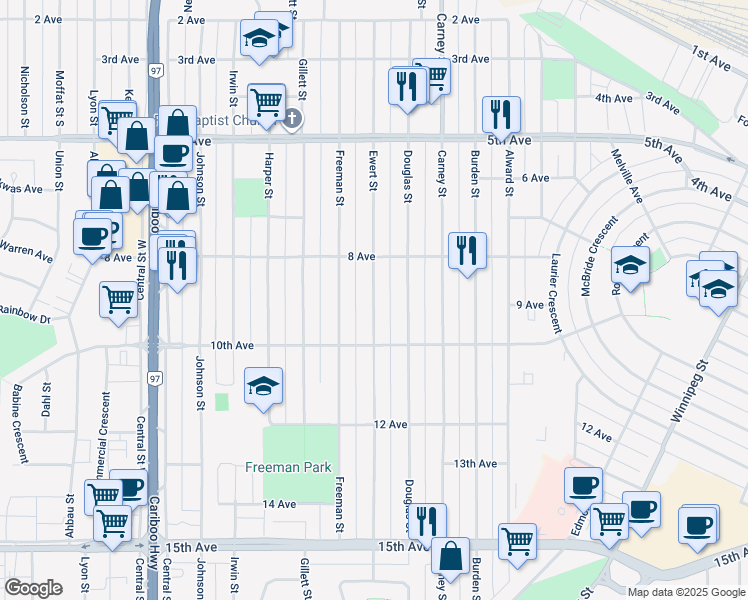 map of restaurants, bars, coffee shops, grocery stores, and more near Ewert Street in Prince George