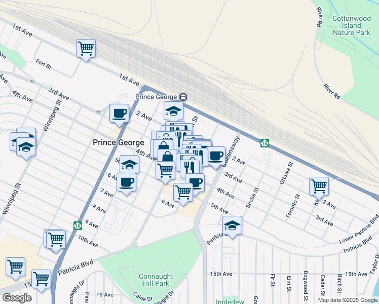 map of restaurants, bars, coffee shops, grocery stores, and more near 1119 3rd Avenue in Prince George