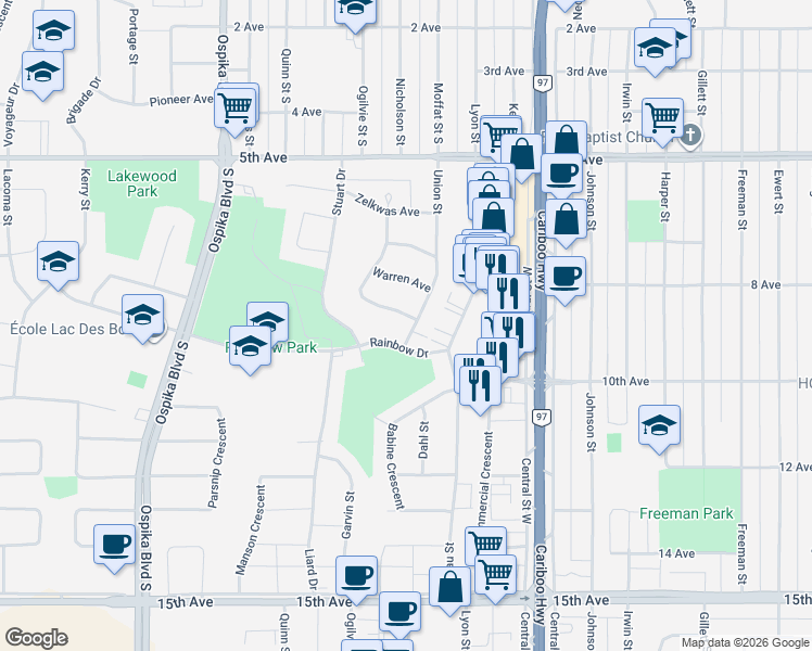 map of restaurants, bars, coffee shops, grocery stores, and more near 901 Vedder Crescent in Prince George