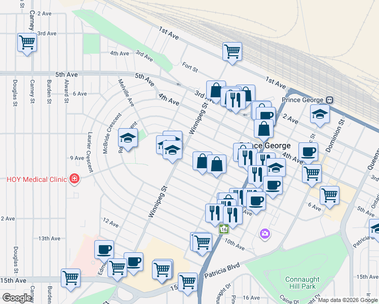 map of restaurants, bars, coffee shops, grocery stores, and more near 1775 6 Avenue in Prince George