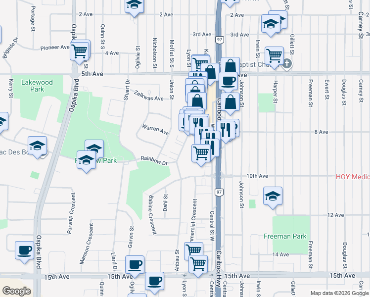 map of restaurants, bars, coffee shops, grocery stores, and more near in Prince George