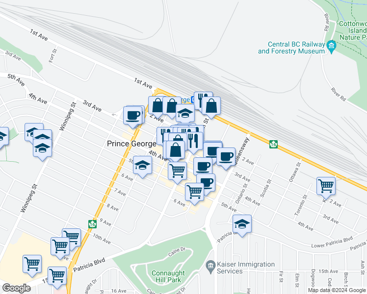 map of restaurants, bars, coffee shops, grocery stores, and more near 1250 3rd Avenue in Prince George