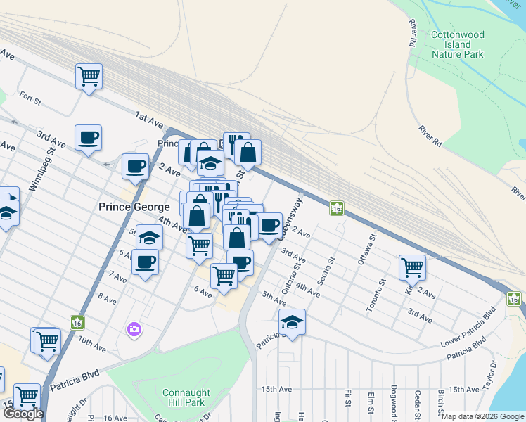 map of restaurants, bars, coffee shops, grocery stores, and more near 198 George Street in Prince George
