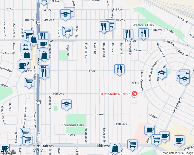 map of restaurants, bars, coffee shops, grocery stores, and more near 834 Ewert Street in Prince George