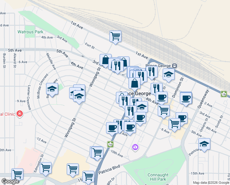 map of restaurants, bars, coffee shops, grocery stores, and more near 1634 5th Avenue in Prince George